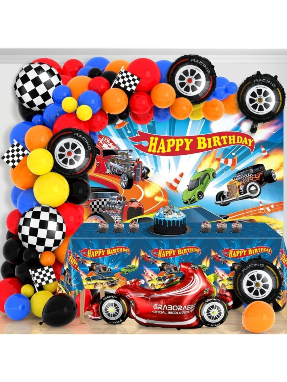 134Pcs Wheels Race Car Birthday Party Supplies Race Cars Balloon Garland Arch